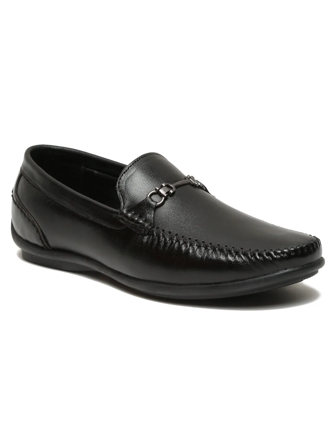 Men Black Leather Solid Loafers Extra Wide Casual Shoes