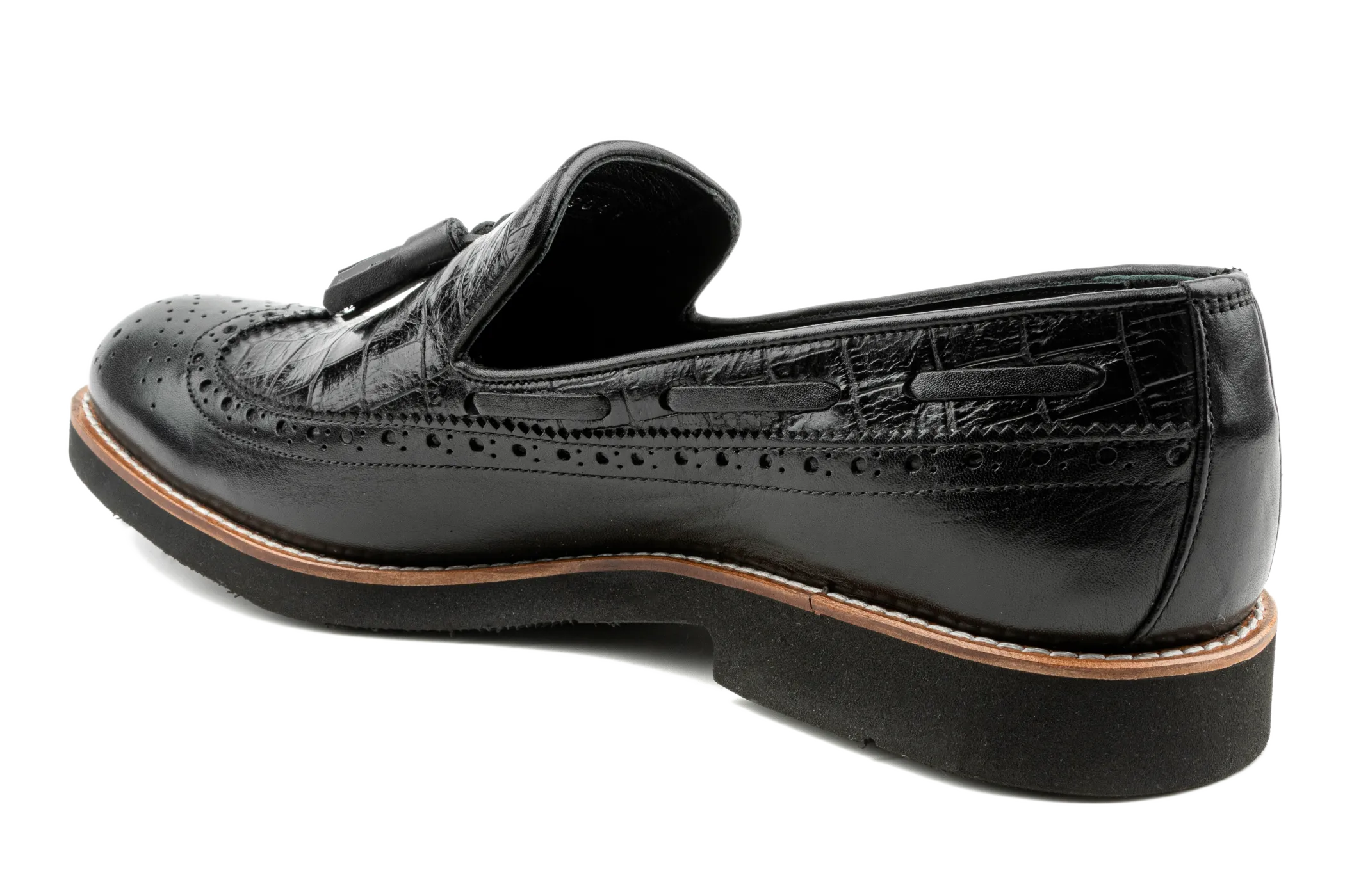 Alligator Pattern Embossed Leather Tassel Loafers, Longwing Black Leather Loafers for Men, Comfortable Leather Slip-On  Loafers Kea by Debbano Navy Penny Loafers