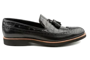 Alligator Pattern Embossed Leather Tassel Loafers, Longwing Black Leather Loafers for Men, Comfortable Leather Slip-On  Loafers Kea by Debbano Bass Venetian Loafers