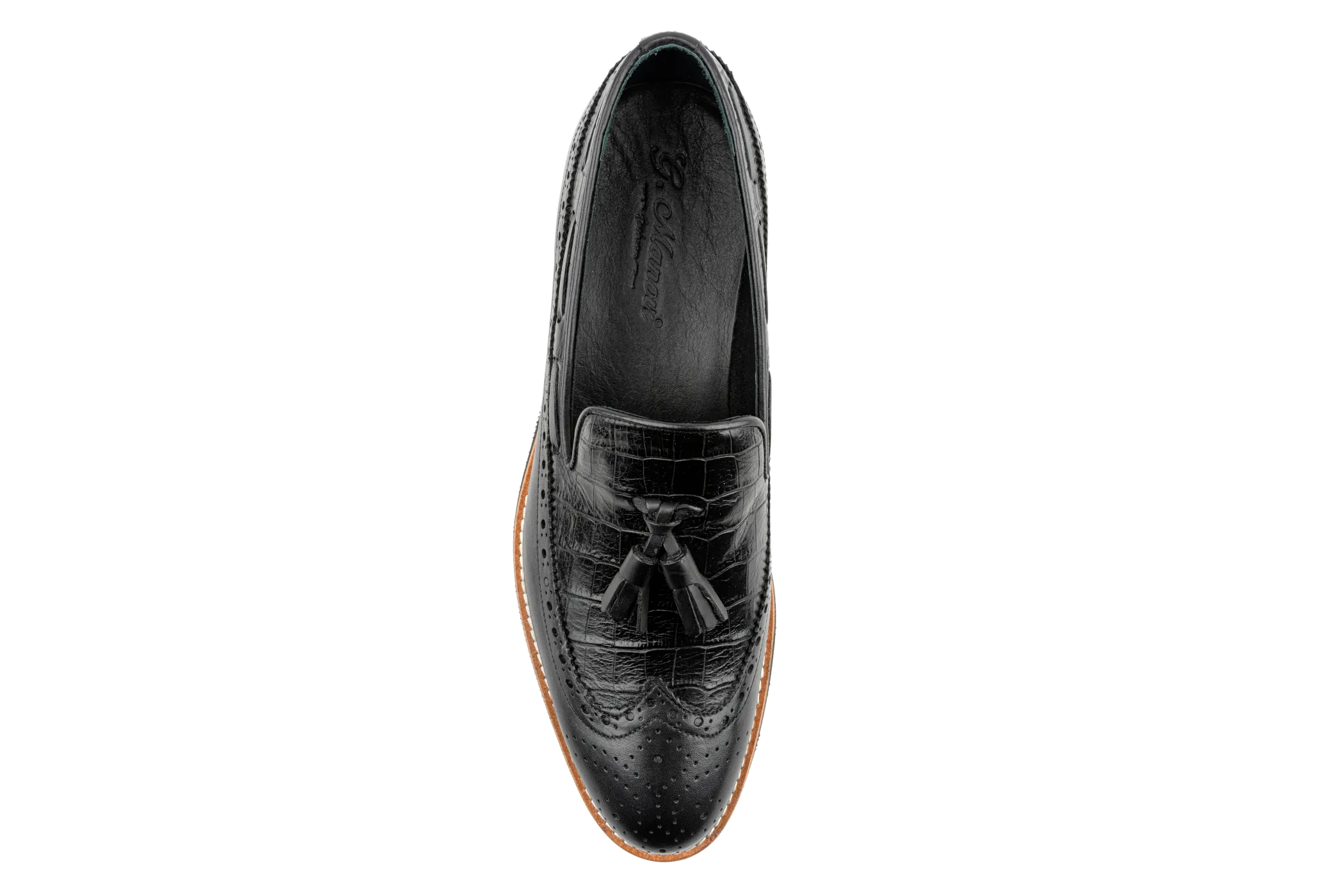 Work Outfits With Loafers Alligator Pattern Embossed Leather Tassel Loafers, Longwing Black Leather Loafers for Men, Comfortable Leather Slip-On  Loafers Kea by Debbano