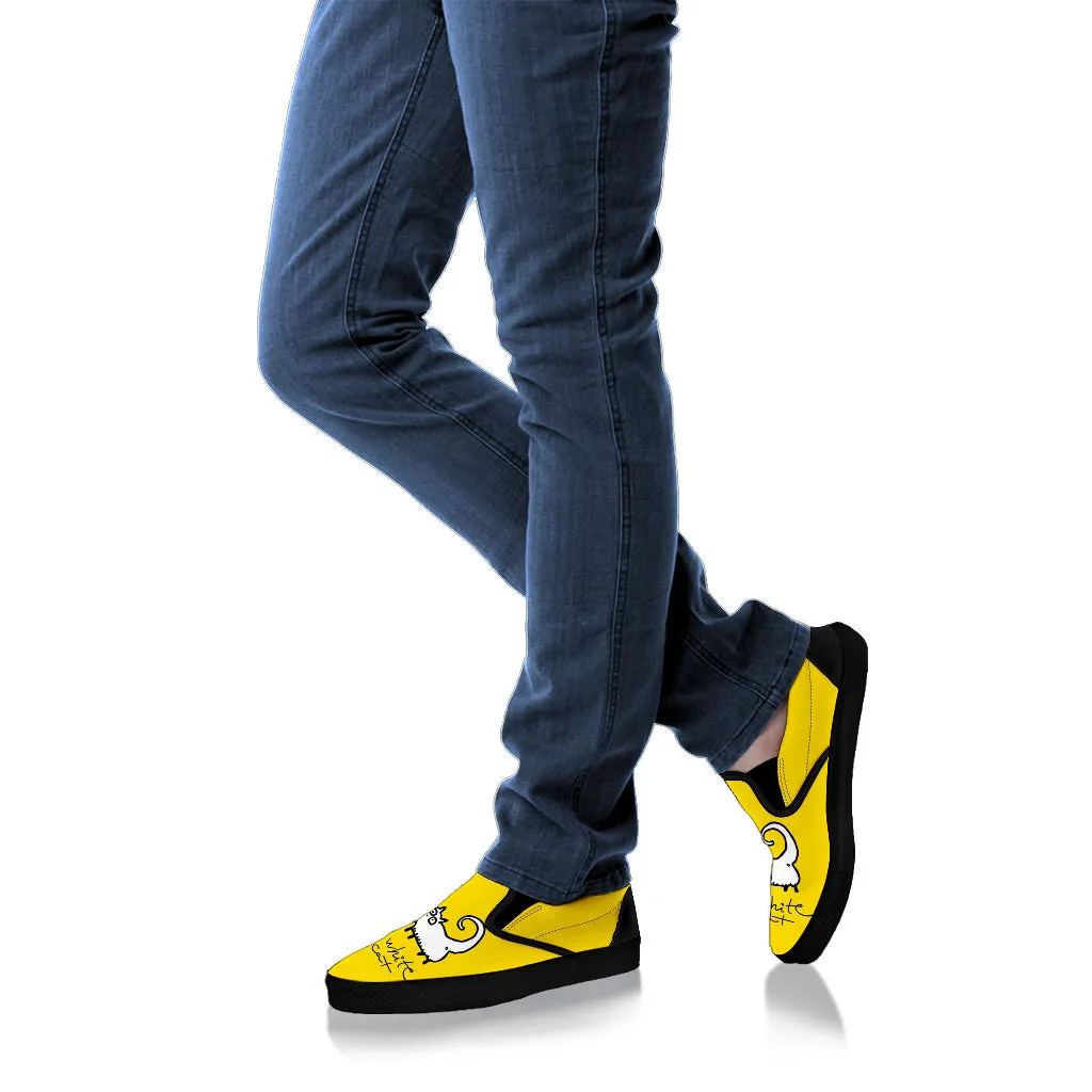 Black and White Cat on Yellow Women's Slip Ons Mens Slip On Shoes Wide