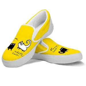 Park Lifestyle Slip On Black and White Cat on Yellow Women's Slip Ons