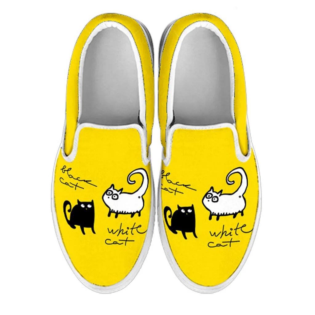 Black and White Cat on Yellow Women's Slip Ons Wedge Slip On Sandals