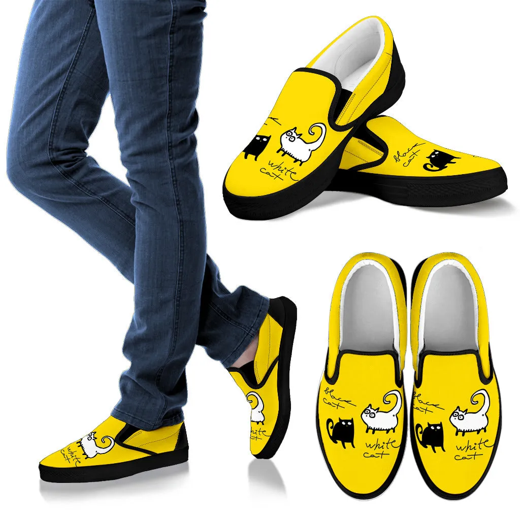 Casual Slip-on Shoes Black and White Cat on Yellow Women's Slip Ons