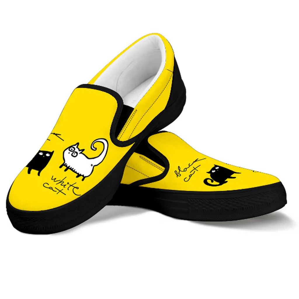 Black and White Cat on Yellow Women's Slip Ons Dress Shoes Slip On