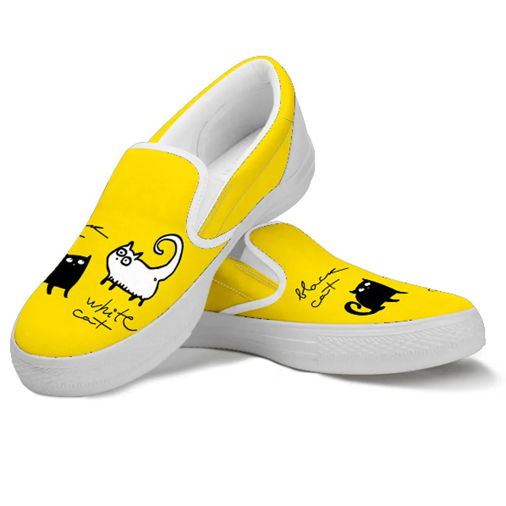 Black and White Cat on Yellow Women's Slip Ons Johnston And Murphy Slip On