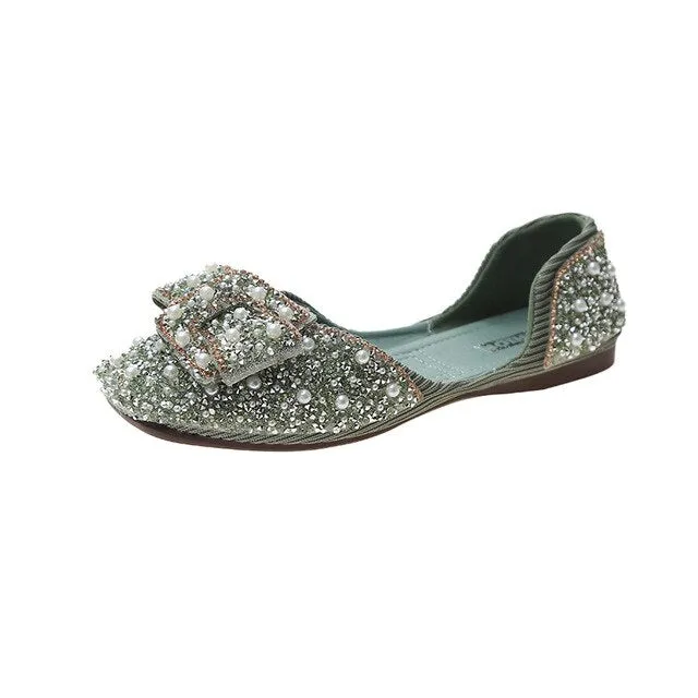 Herre Loafers Aphixta Soft Women Butterfly Knot Loafer Bling Pearl Ballet Flats Shoes Shallow Round Toe Female Casual Shoes Large Size CN35-44