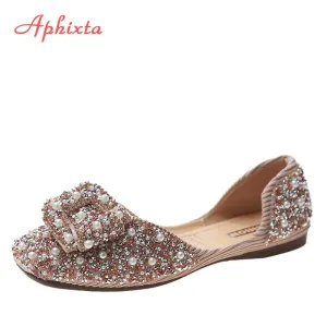 Aetrex Loafers Aphixta Soft Women Butterfly Knot Loafer Bling Pearl Ballet Flats Shoes Shallow Round Toe Female Casual Shoes Large Size CN35-44