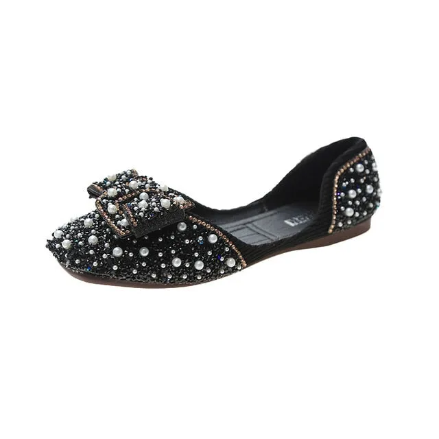 Aphixta Soft Women Butterfly Knot Loafer Bling Pearl Ballet Flats Shoes Shallow Round Toe Female Casual Shoes Large Size CN35-44 Del Toro Loafers