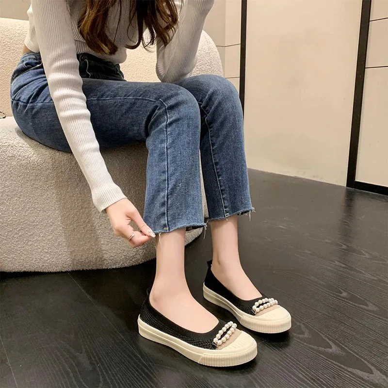 binfenxie  -  Summer Pearl Beading Flat Shoes Women Round Toe Air-mesh Loafers Platform Shoes Woman Stretch Fabric Shallow Female Casual Shoes Tucker Carlson Loafers