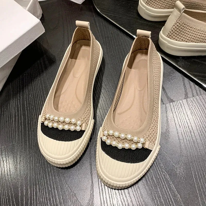 binfenxie  -  Summer Pearl Beading Flat Shoes Women Round Toe Air-mesh Loafers Platform Shoes Woman Stretch Fabric Shallow Female Casual Shoes Bohemian Loafers