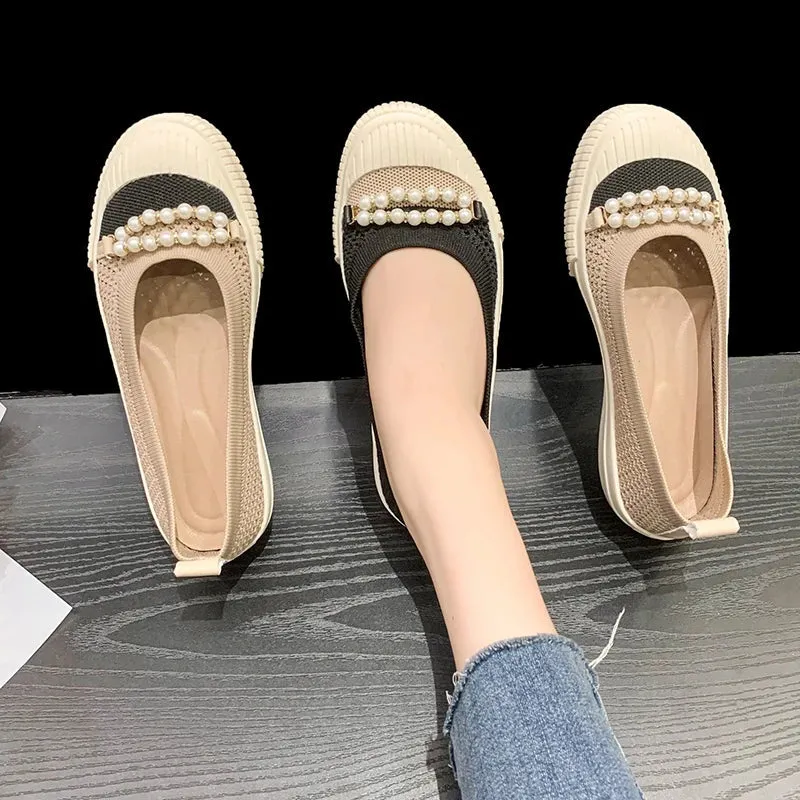 Loafers Chunky binfenxie  -  Summer Pearl Beading Flat Shoes Women Round Toe Air-mesh Loafers Platform Shoes Woman Stretch Fabric Shallow Female Casual Shoes