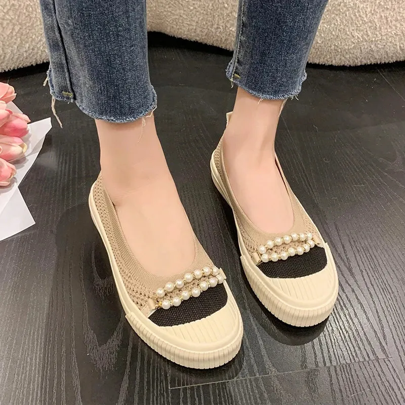 binfenxie  -  Summer Pearl Beading Flat Shoes Women Round Toe Air-mesh Loafers Platform Shoes Woman Stretch Fabric Shallow Female Casual Shoes Amazon Penny Loafers