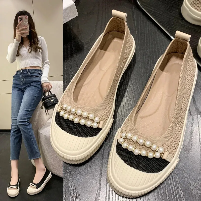 Suit Tassel Loafers binfenxie  -  Summer Pearl Beading Flat Shoes Women Round Toe Air-mesh Loafers Platform Shoes Woman Stretch Fabric Shallow Female Casual Shoes