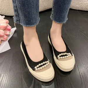 binfenxie  -  Summer Pearl Beading Flat Shoes Women Round Toe Air-mesh Loafers Platform Shoes Woman Stretch Fabric Shallow Female Casual Shoes Healed Loafers