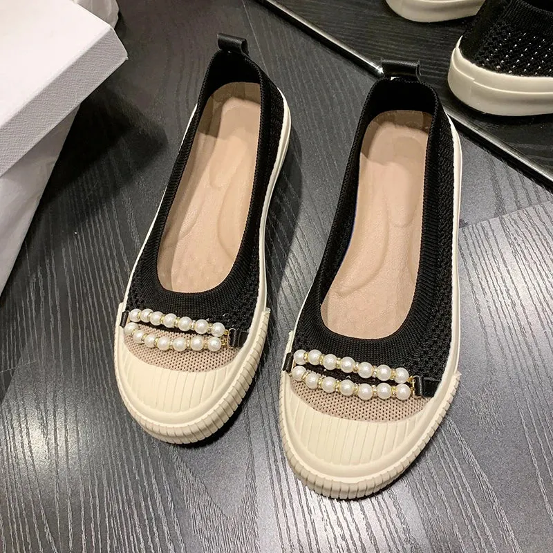 Gathered Leather Loafers binfenxie  -  Summer Pearl Beading Flat Shoes Women Round Toe Air-mesh Loafers Platform Shoes Woman Stretch Fabric Shallow Female Casual Shoes