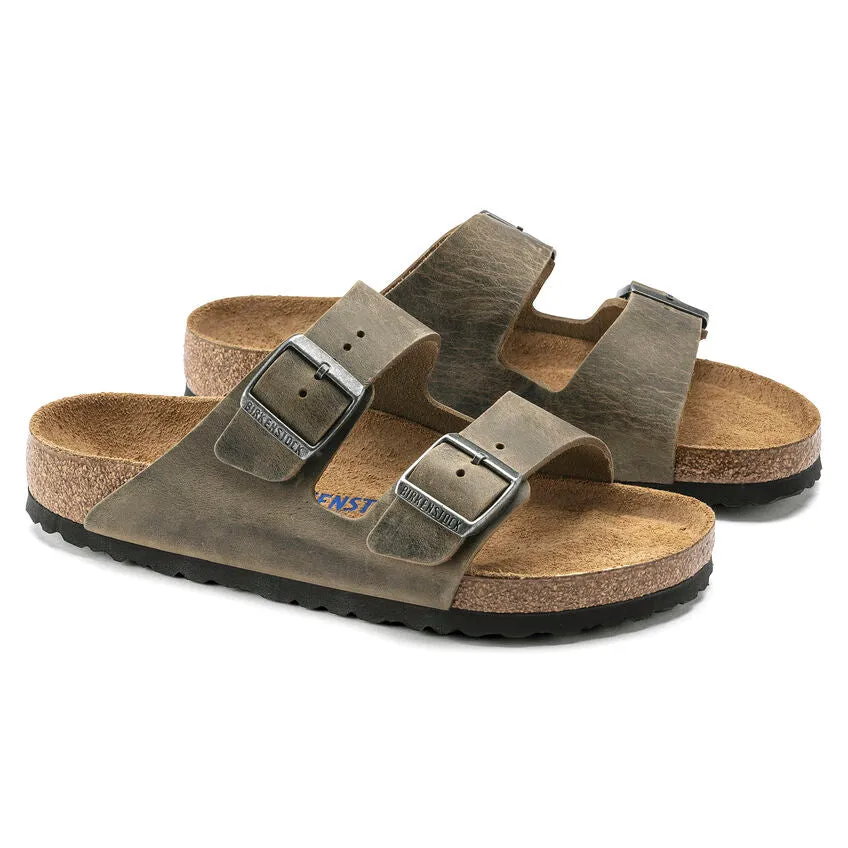 'Birkenstock' Men's Arizona Oiled Leather Soft Bed Sandal - Faded Khaki Slide Comfort Sandals