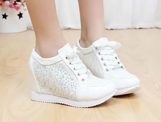 Black White Hidden Wedge Heels Fashion Women's Elevator Shoes Casual Shoes For Women wedge heel Rhinestone Shoes Appropriate For Business
