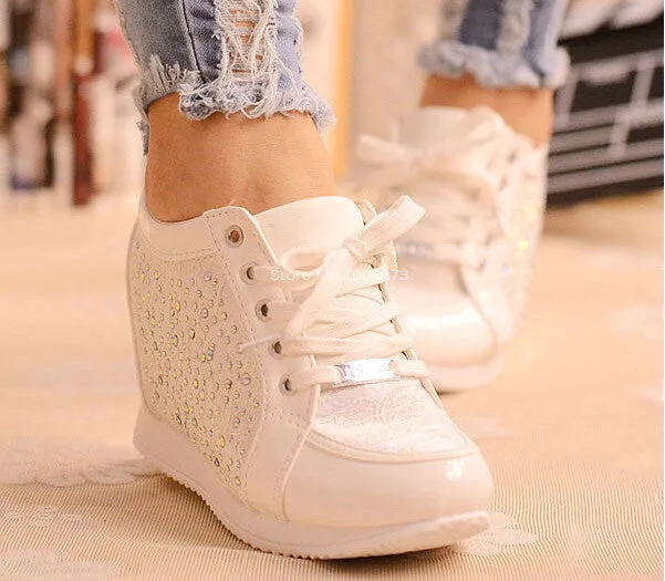 Casual Bowling Shoes Black White Hidden Wedge Heels Fashion Women's Elevator Shoes Casual Shoes For Women wedge heel Rhinestone