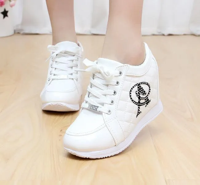 Casual Shoes Walking Black White Hidden Wedge Heels Fashion Women's Elevator Shoes Casual Shoes For Women wedge heel Rhinestone
