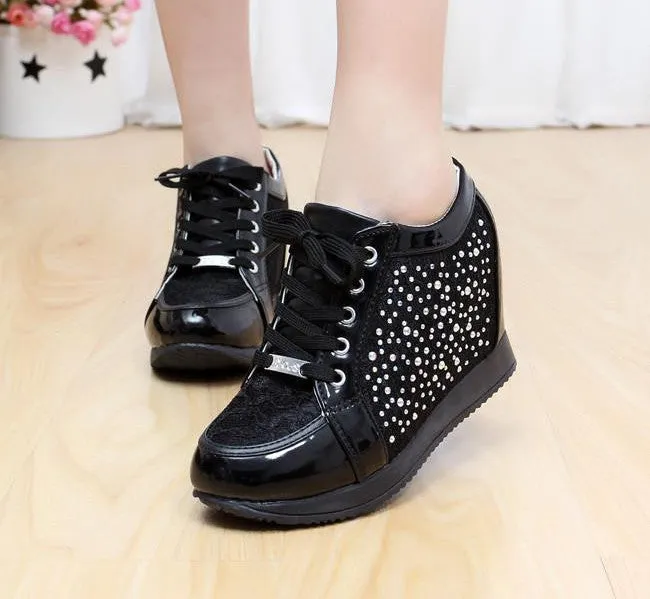 Casual Shoe Store Black White Hidden Wedge Heels Fashion Women's Elevator Shoes Casual Shoes For Women wedge heel Rhinestone