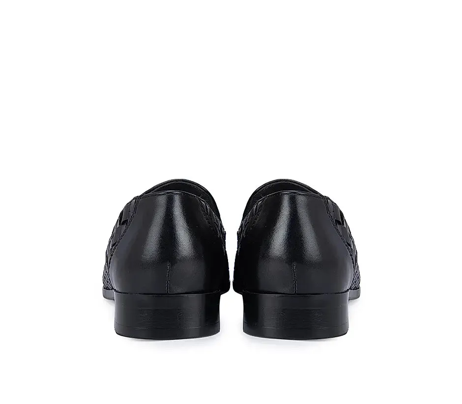 Leather White Loafers Black Woven Pattern Loafers