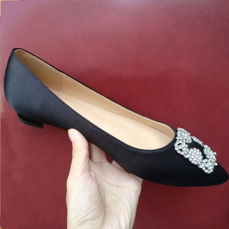 Race Day Shoes For Flat Feet Black Satin Cloth Flats Shoes Woman Basic 2023 Fashion Sequined Rhinestones Crystal Diamond Flats Bridal Shoe Work Women Shoes