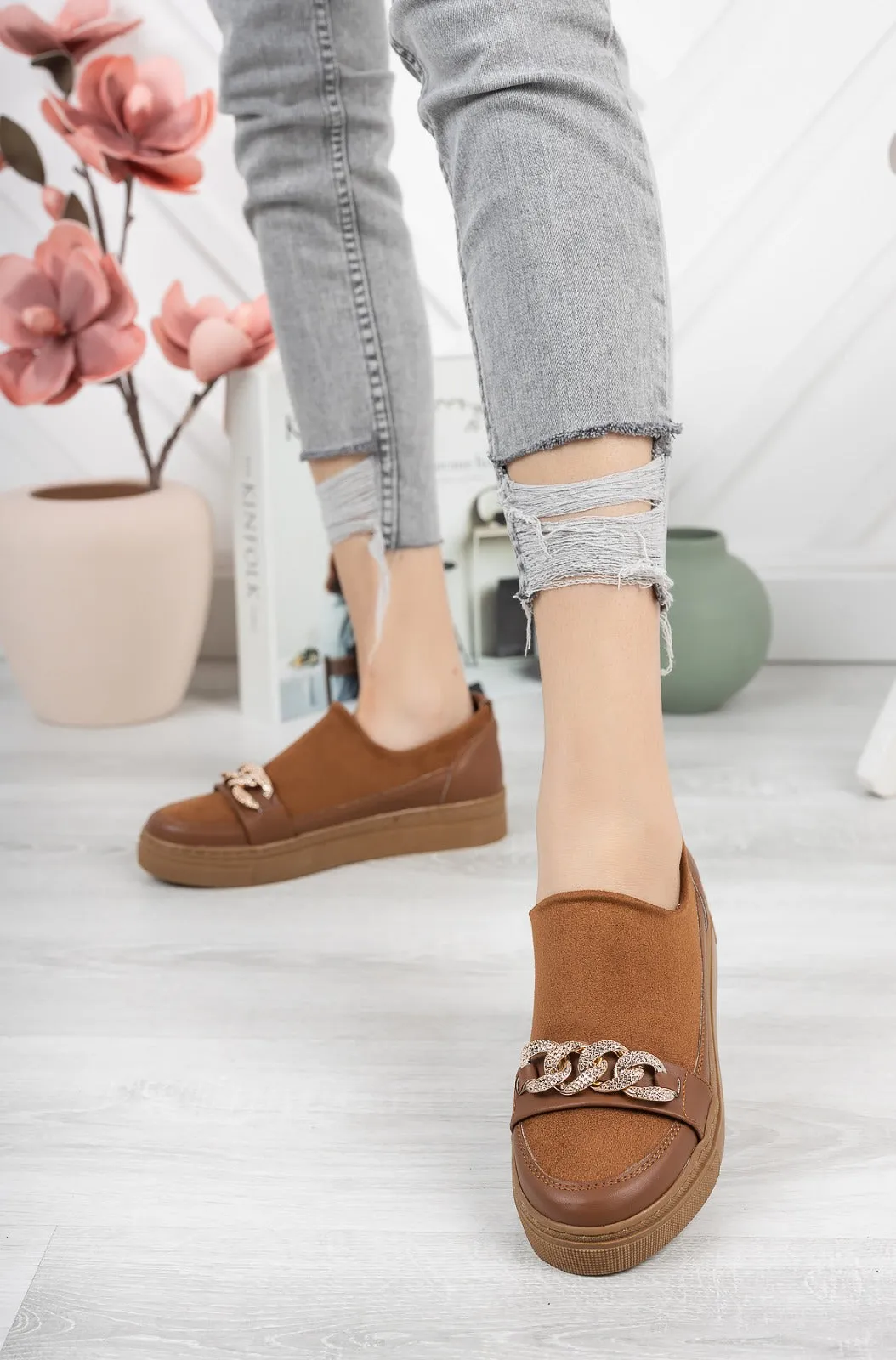 Canvas Chained Vulcanized Slip-on Sneakers Women's Shoes - C330 - Brown Flat Mary Jane Shoes