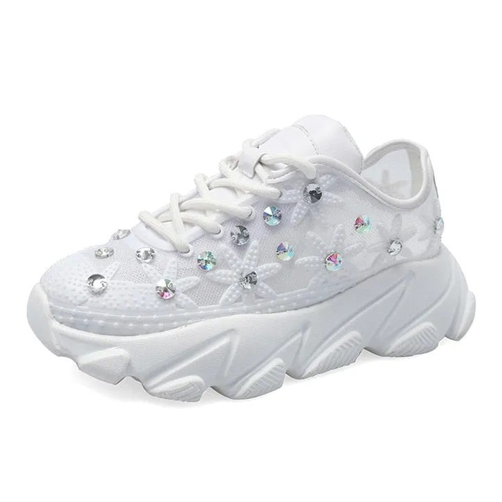 Casual Leather Shoes Chunky Shoes Woman Crystal Sneakers Women Platform Shoes White Casual Shoes for Women Breathable Walking Shoes Zapatos De Mujer