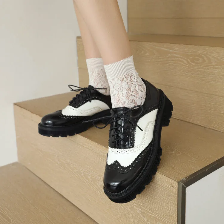 Vintage Oxford Shoes Women's Bicolor Round Toe Lace-Up Flat Oxford Shoes