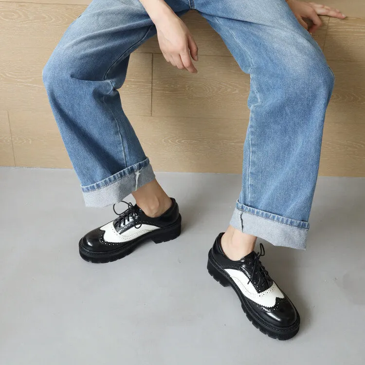 Moc Toe Oxford Women's Bicolor Round Toe Lace-Up Flat Oxford Shoes