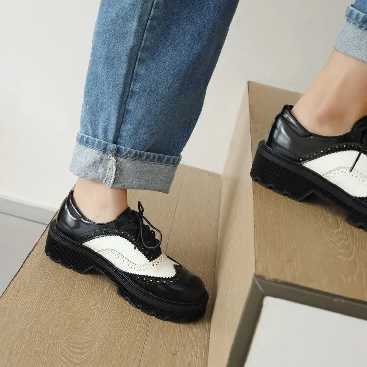 Women's Bicolor Round Toe Lace-Up Flat Oxford Shoes Atlanta Plain Toe Oxfords