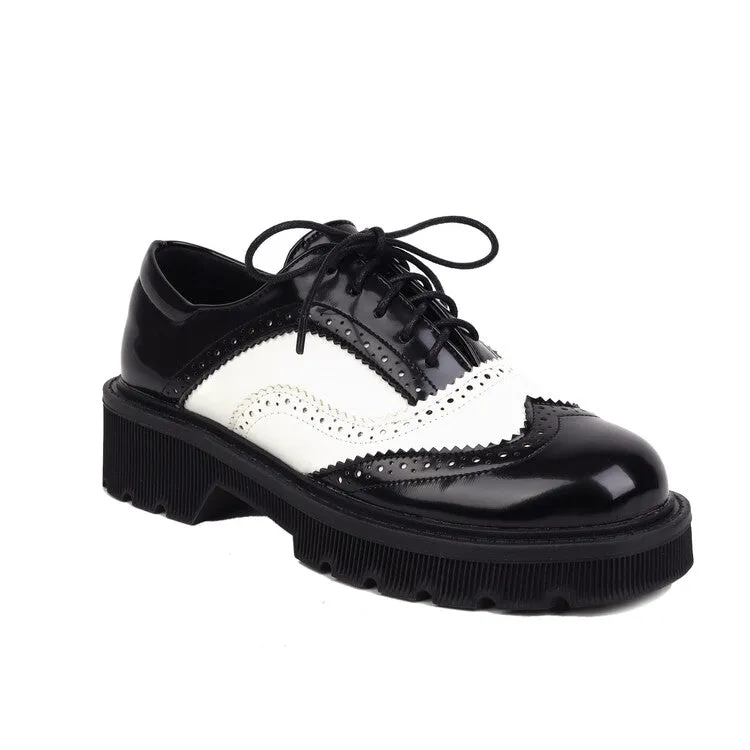 Casual Suede Oxfords Women's Bicolor Round Toe Lace-Up Flat Oxford Shoes