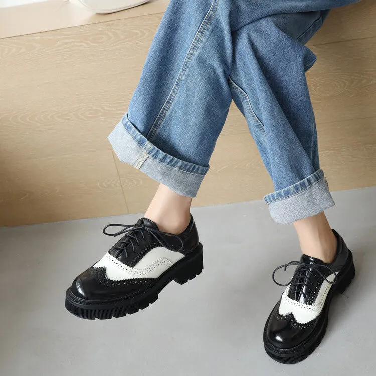 Women's Bicolor Round Toe Lace-Up Flat Oxford Shoes Zapatos Oxford