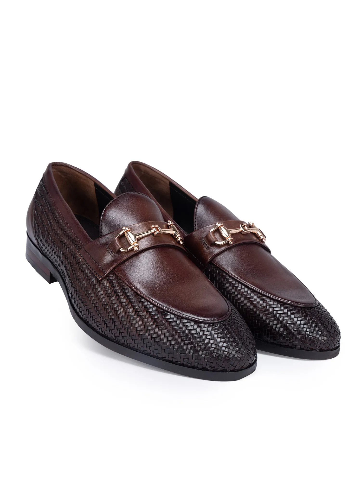 Coffee Textured Loafers With Buckle Work Shoes Loafers