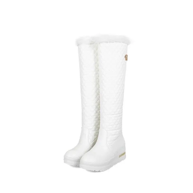 Shoes Flat Size Women Fashion PU leather Fur Plush Shoes Flat Heels Knee High Boots