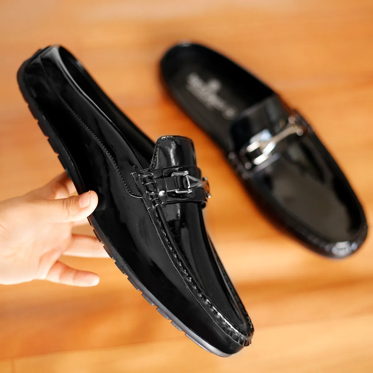 Bacca Bucci JAMBOREE Fashion Mules/Clogs/Backless Loafers for Party/Travel/Office-Shiny Black Heeled Platform Loafers