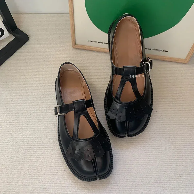 DAIIIBABYYY  -   Tabis Shoes Mary Janes For Women Size 42 2025 New Black Leather Split Toe Flats Loafers Mary Jane Platform Shoes Franco Sarto Cassandra Loafers