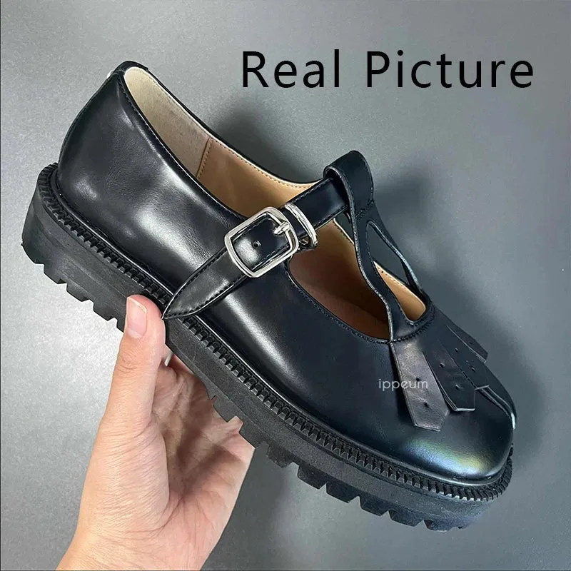 DAIIIBABYYY  -   Tabis Shoes Mary Janes For Women Size 42 2025 New Black Leather Split Toe Flats Loafers Mary Jane Platform Shoes Street Style Loafers Outfit