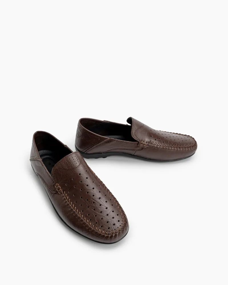 Patina Loafers Men's Breathable Punching Premium Genuine Leather Loafers