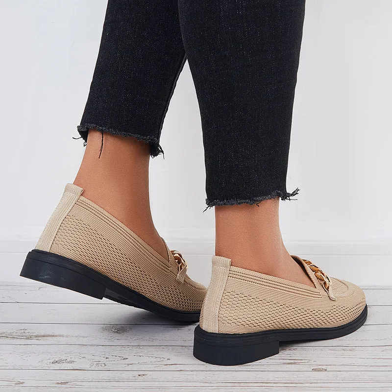 Ladies Leather Loafers Women Chain Decor Knit Loafers Slip on Block Low Heel Shoes