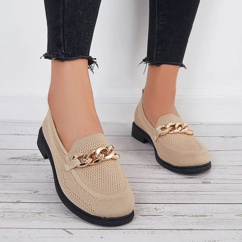 Best Loafers For Walking Women Chain Decor Knit Loafers Slip on Block Low Heel Shoes