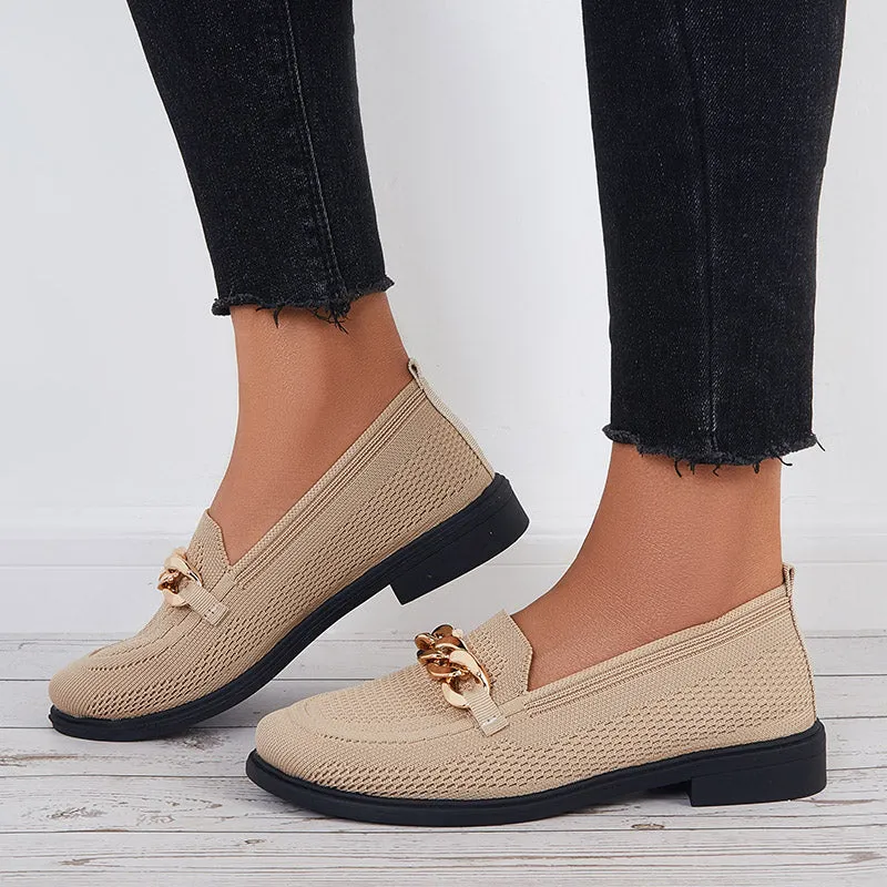 Loafers Navy Women Chain Decor Knit Loafers Slip on Block Low Heel Shoes