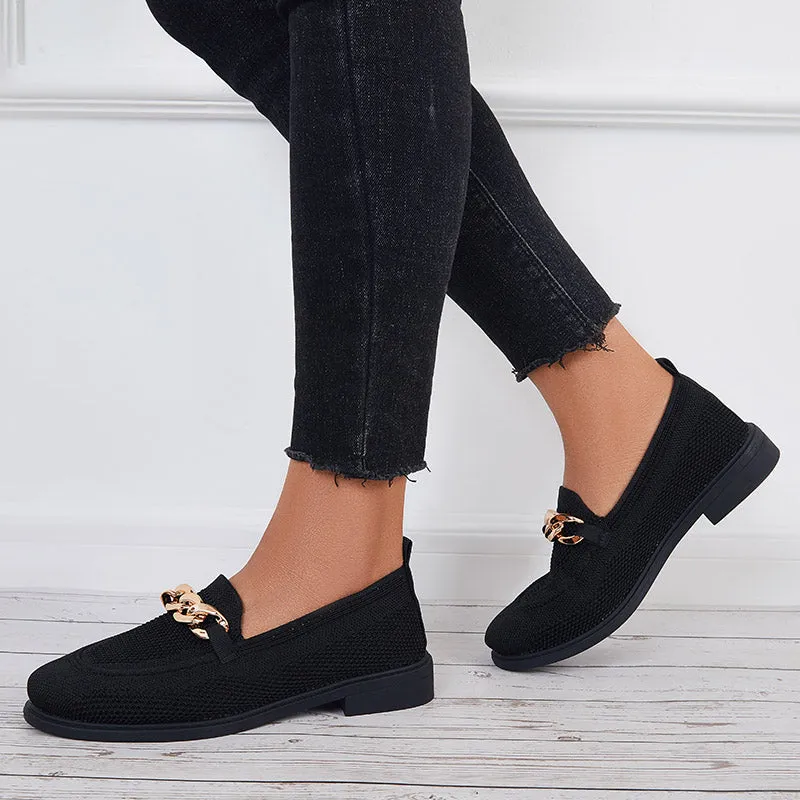 Toddler Loafers Women Chain Decor Knit Loafers Slip on Block Low Heel Shoes