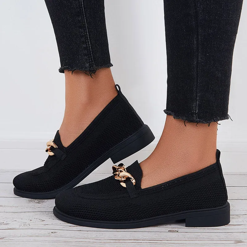 Women Chain Decor Knit Loafers Slip on Block Low Heel Shoes Tongue Pads For Loafers