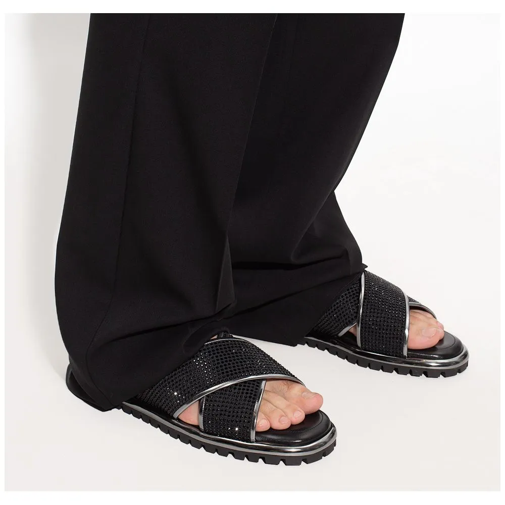 Dolce & Gabbana Black Zircon-Bedecked Leather Slippers Best Water Sandals