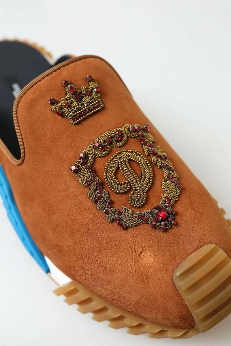 Dolce & Gabbana Brown Suede Crown Logo NS1 Slides Sandals Socks In Sandals