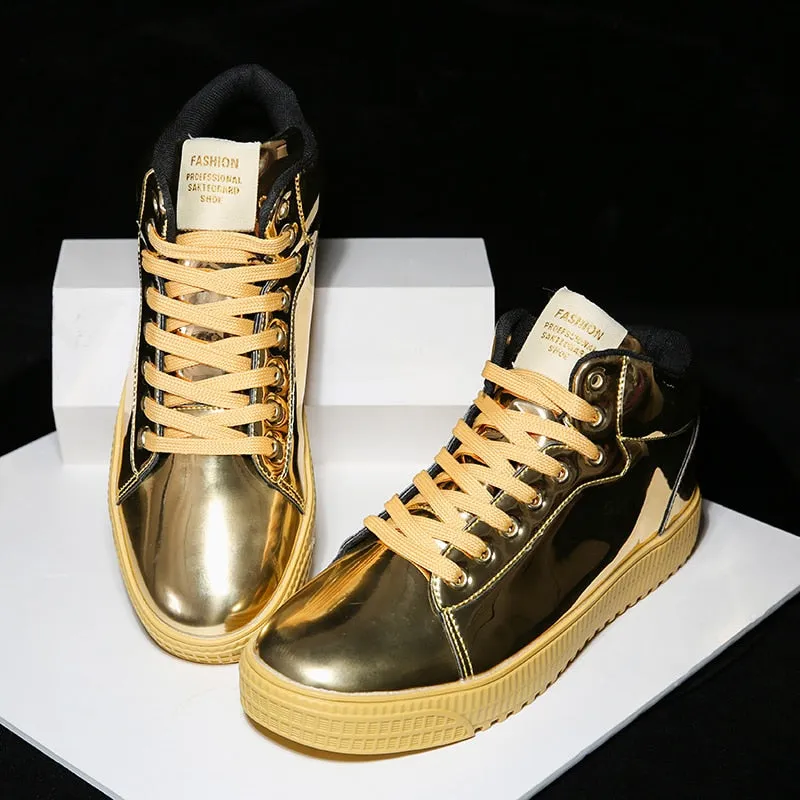 Gold Silver Black Leather Casual Shoes Men Bling High Top Big Size Couple Shoes Lace Up Sneakers Outdoor Male Footwear Casual Moccasin Shoes