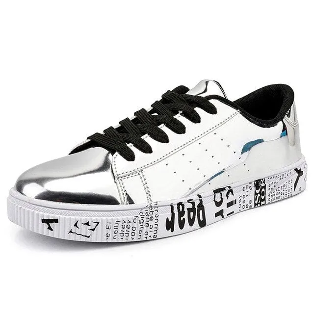 Gold Silver Black Leather Casual Shoes Men Bling High Top Big Size Couple Shoes Lace Up Sneakers Outdoor Male Footwear Suede Smart Casual Shoes