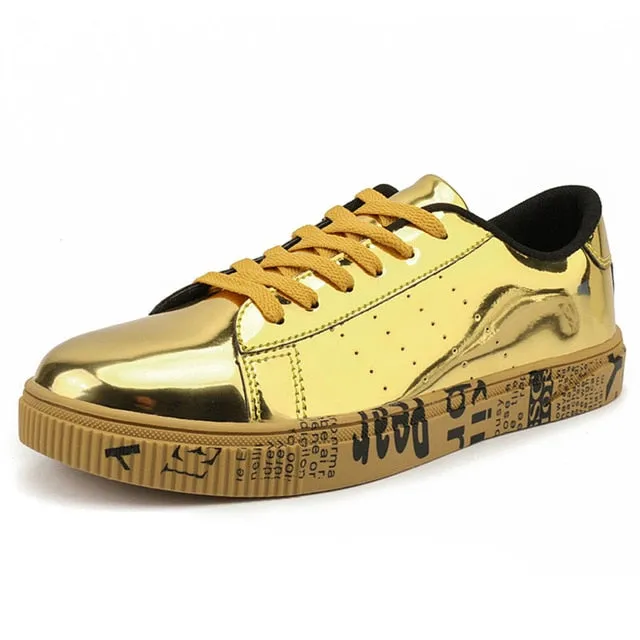 Cut Shoes Casual Gold Silver Black Leather Casual Shoes Men Bling High Top Big Size Couple Shoes Lace Up Sneakers Outdoor Male Footwear